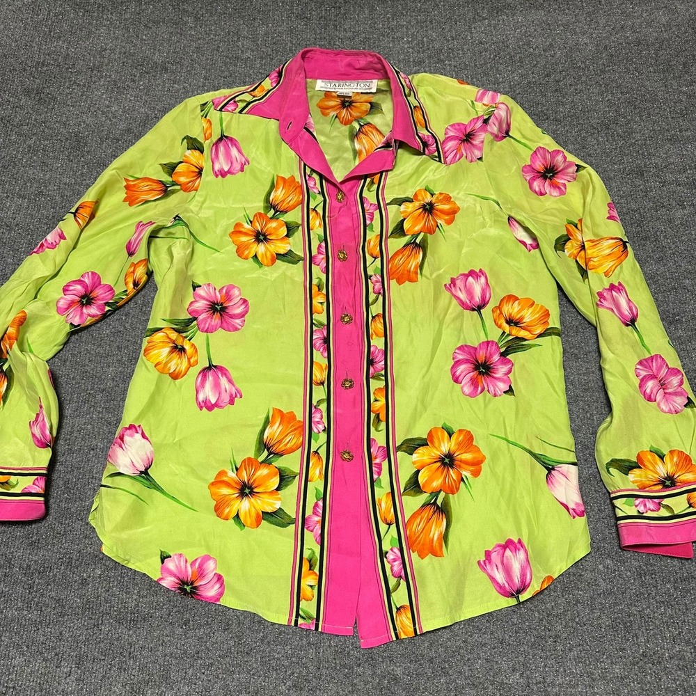 Starington Vintage Silk Floral Button Down Shirt Lime Green Pink Orange Large
